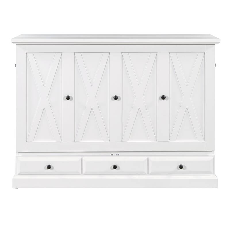 Solid Pine Wood Murphy Bed Chest Cube Cabinet Bed with Charging Station and Large Storage Drawer
