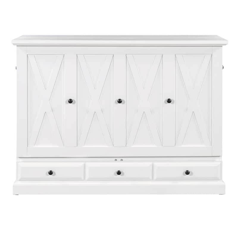 White Full Size Solid Pine Murphy Bed with Charging Station and Large Storage Drawer for Home Office or Small Room