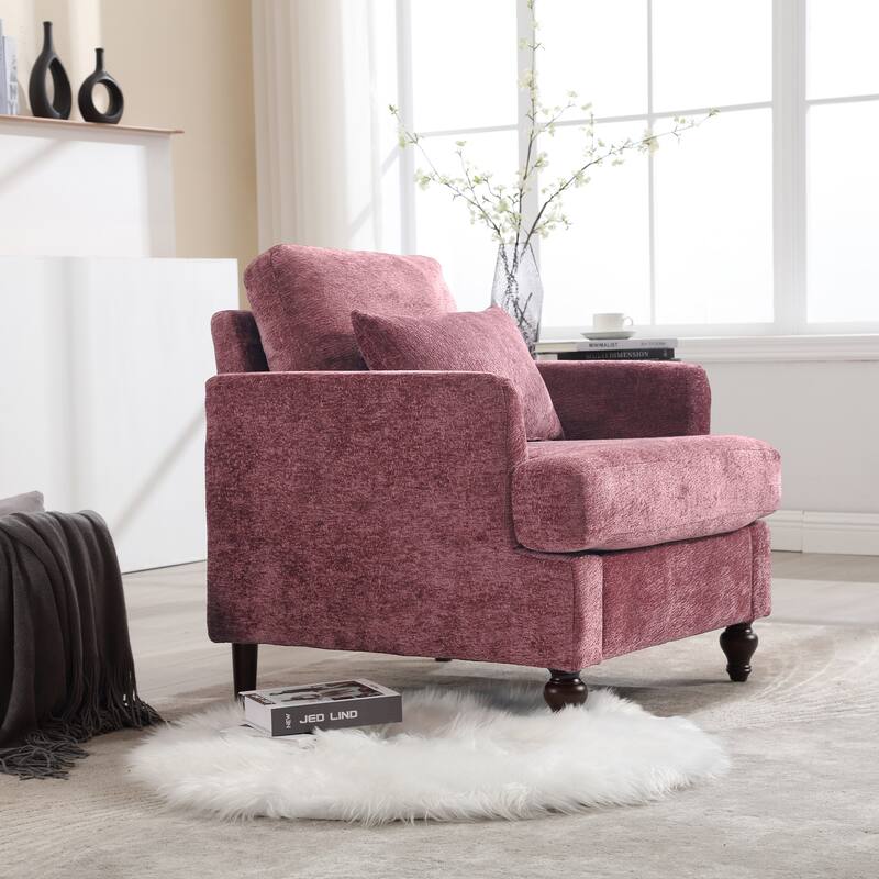 Chenille Fabric Accent Chair, Tufted Upholstered Living Room Chair, Lounge Armchair with Solid Wood Frame & Pillows