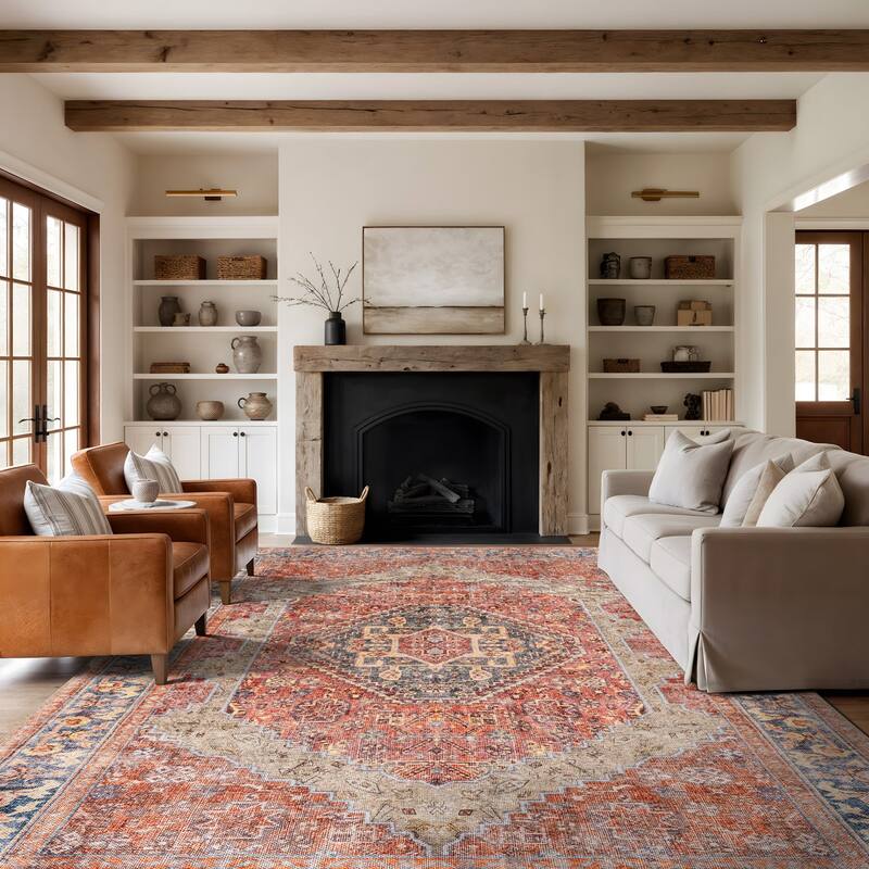 Beige Medallion Flat Pile Washable Rug - Pet Friendly, Non-Slip for Entryway and Bedroom - Red - 9' x 12'