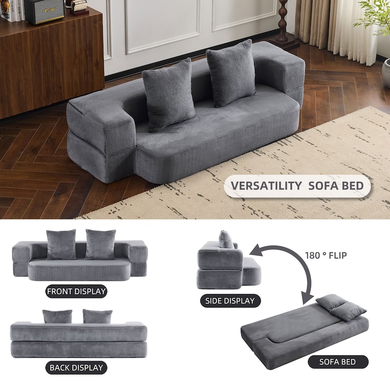 74.81" Faux Fur 3-in-1 3-Seater Floor Sofa, Converts to Bed with Memory Foam