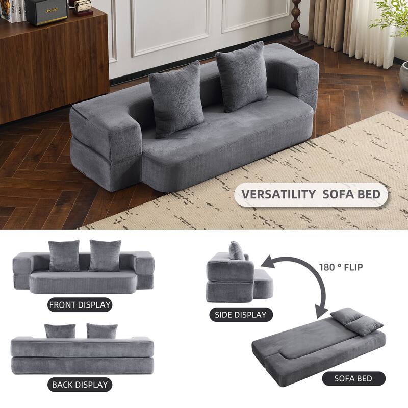 Transformable Sectional Sofa with 3 Ottomans - Fold-Out Bed, Light Grey Chenille Lounger in Faux Fur
