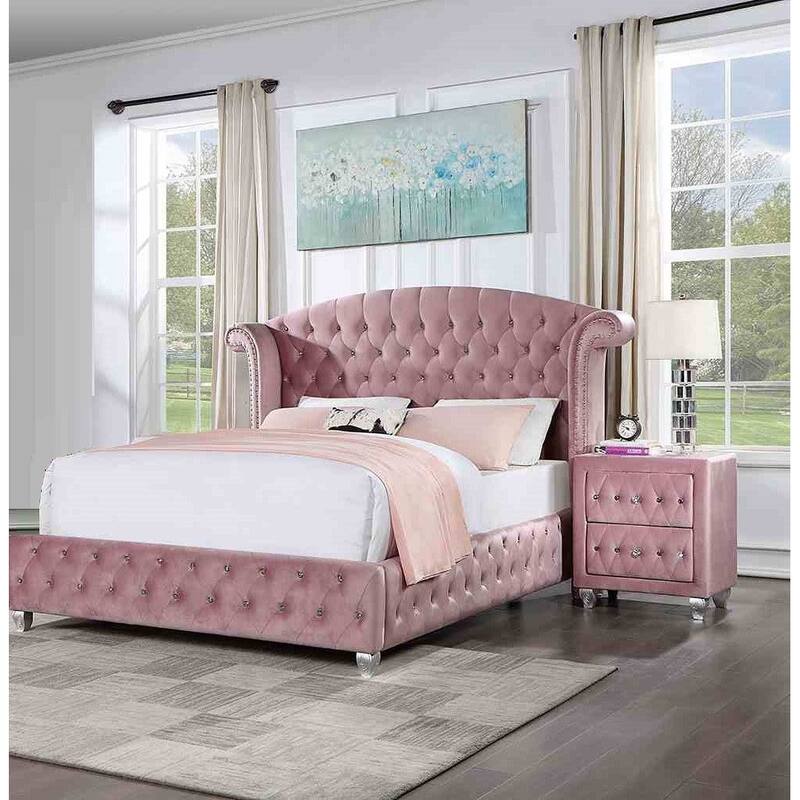 Glam Pink Upholstered 4Pc Bedroom Furniture Set with Crystal Button Tufting - Queen