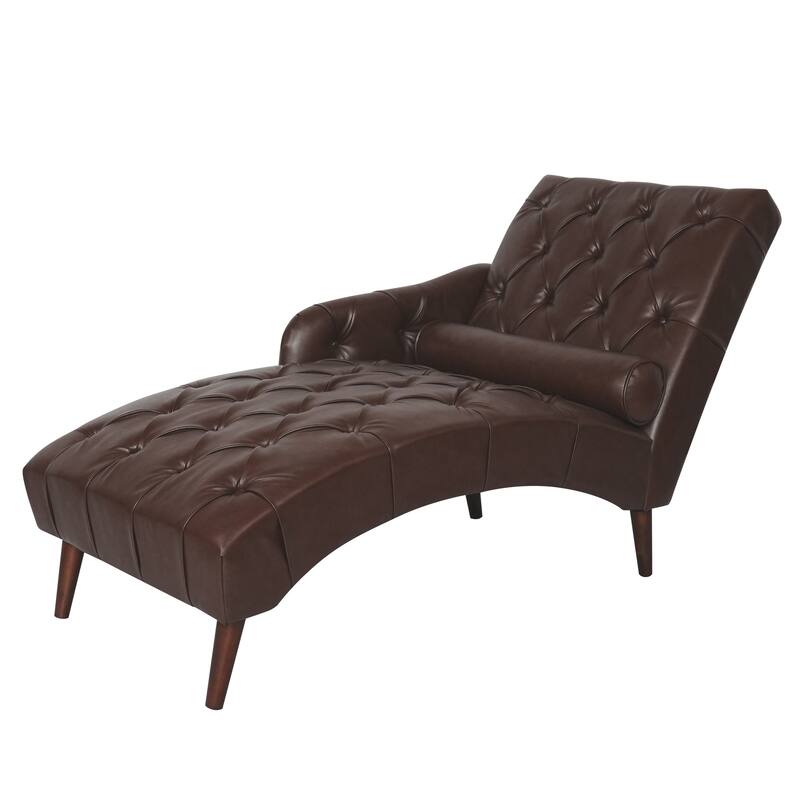 Faux Leather Chaise Lounge Chair with Pillow and Solid Wood Legs, Tufted Upholstered Accent Lounge Chair with Arm