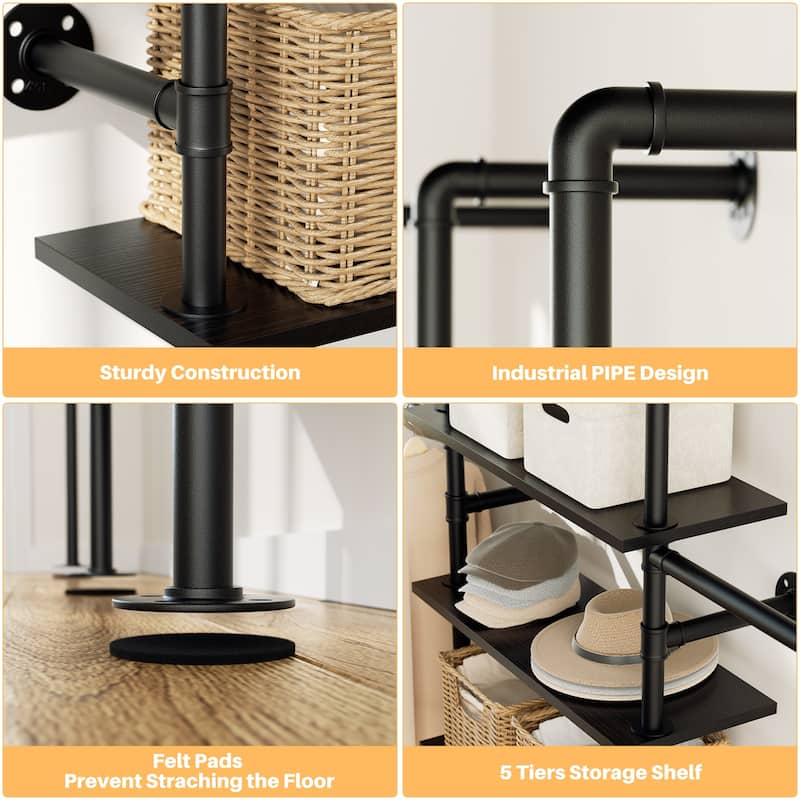 77'' Industrial Pipe Clothing Rack with 5-Tier Shelves, Reversible Closet Organizer System Garment Racks for Hanging Clothes