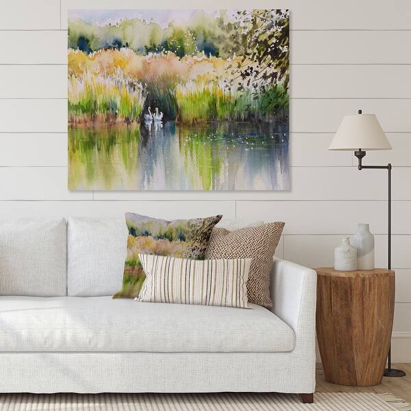 Designart "Two Swans In The Pond" Traditional Canvas Wall Art Print