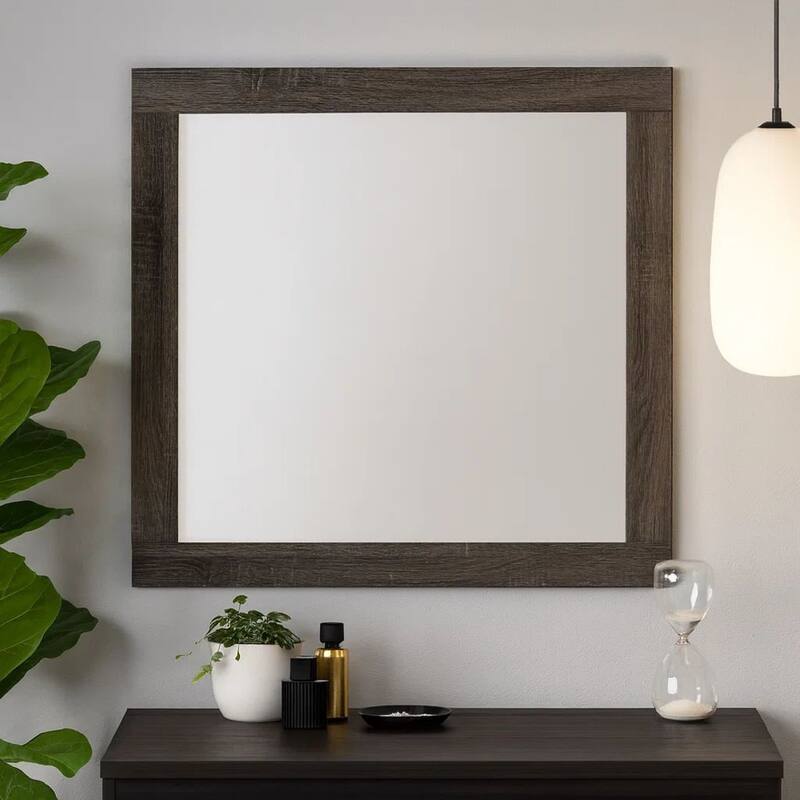 Transitional Style Grained Wood Encased Square Mirror, Gray
