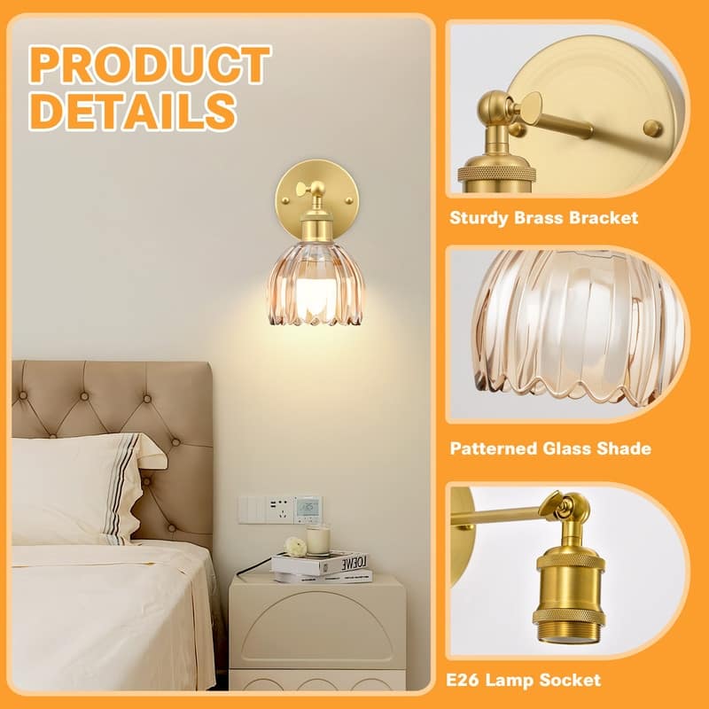 Adjustable Vintage Wall Sconce with Amber Tulip Glass Brass Fixture with Switch Ideal for Bedroom Hallway or Entry