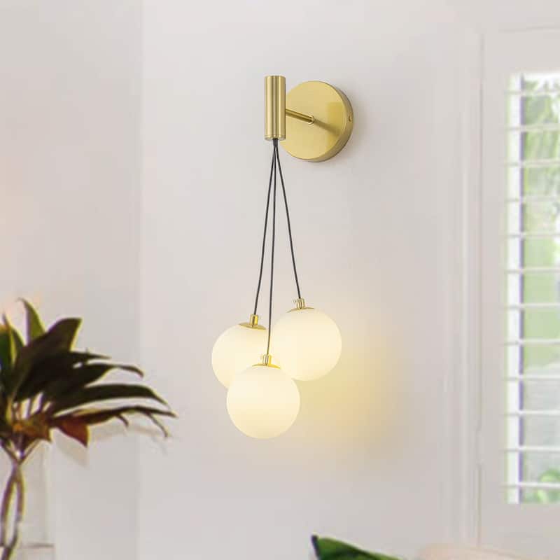 3-Light Modern Gold Metal Wall Sconce Glass Globe Shades - Frosted White Glass