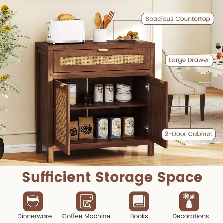 Brown-Natural Engineered Wood and Rattan Sideboard Cabinet with Drawer - 31" x 14.5" x 32"