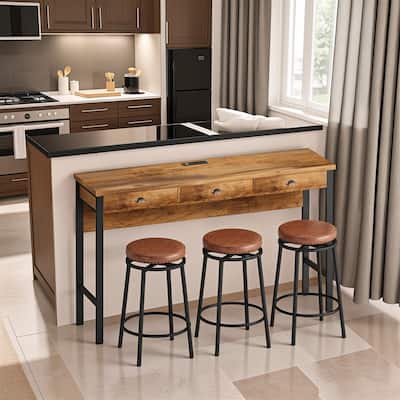 4-piece Pub Table Set with PU Leather Stools and Power Outlets