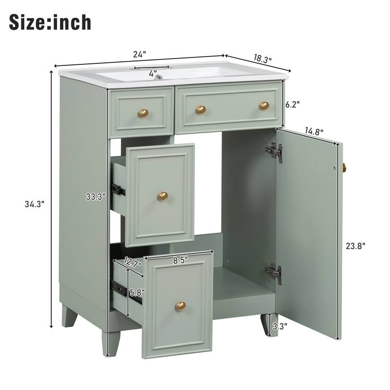 24 Inch Bathroom Vanity Cabinet with Ceramic Sink, 2 Drawers & Door, Bathroom Storage Cabinet Free-standing Single Sink Cabinet
