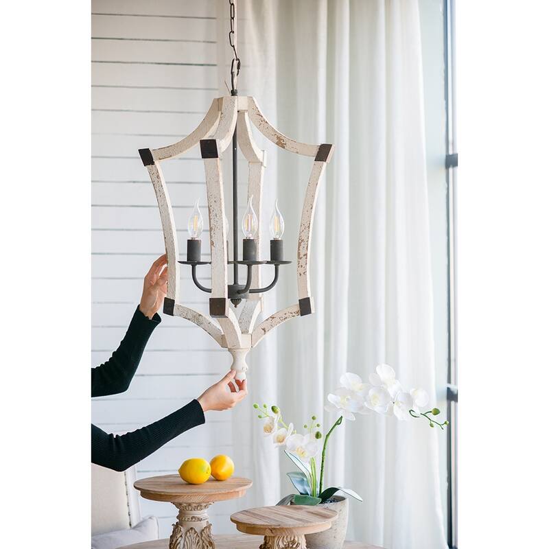 4 - Light Wood Chandelier, Hanging Light Fixture with Adjustable Chain for Kitchen Dining Room Foyer Entryway