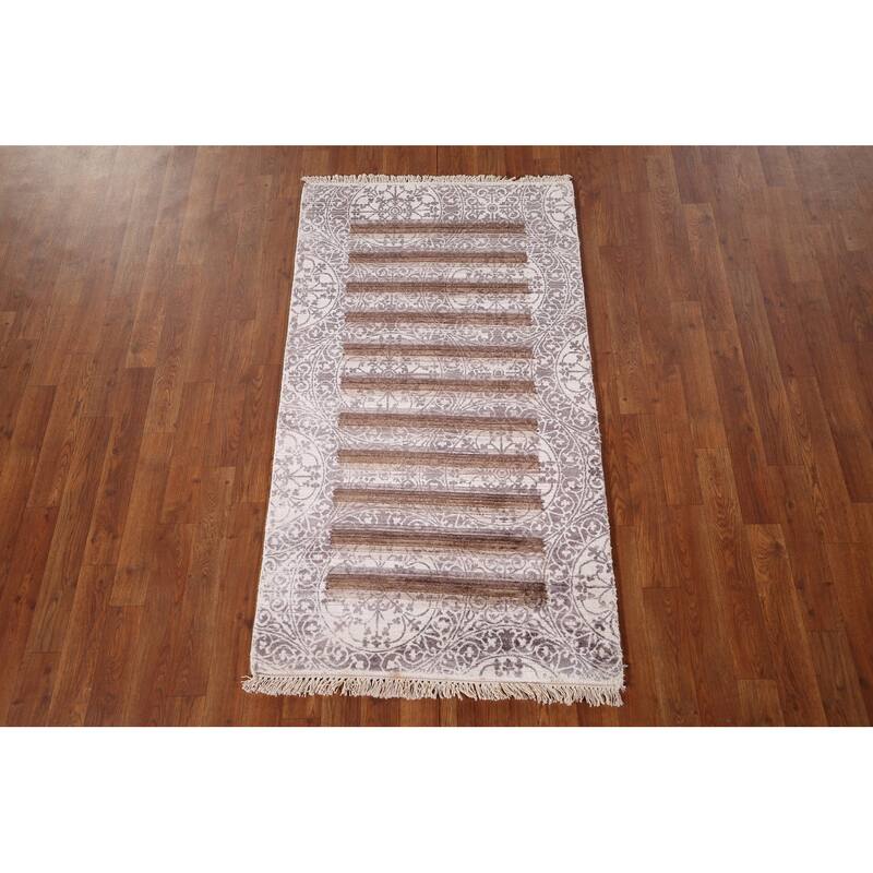 Striped Abstract Foyer Rug Hand-Knotted Wool Carpet - 2'8" x 4'9"