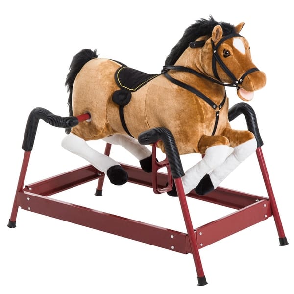 slide 2 of 5, Classic Spring Horse Rocker for Kids with Plush Body, Neighing Sounds, and Comfortable Saddle - Perfect for Ages 3 and Up Brown