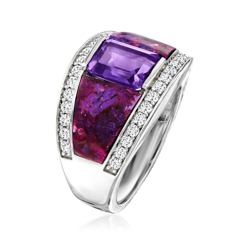 925 Sterling Silver 8x6mm Octagon African Amethyst With Multi Gemstone Ring