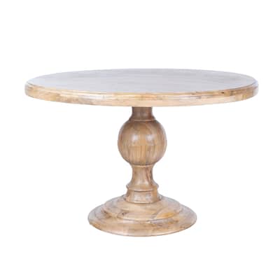 48" Round Dining Table, Antique Natural Mango Wood Pedestal Base