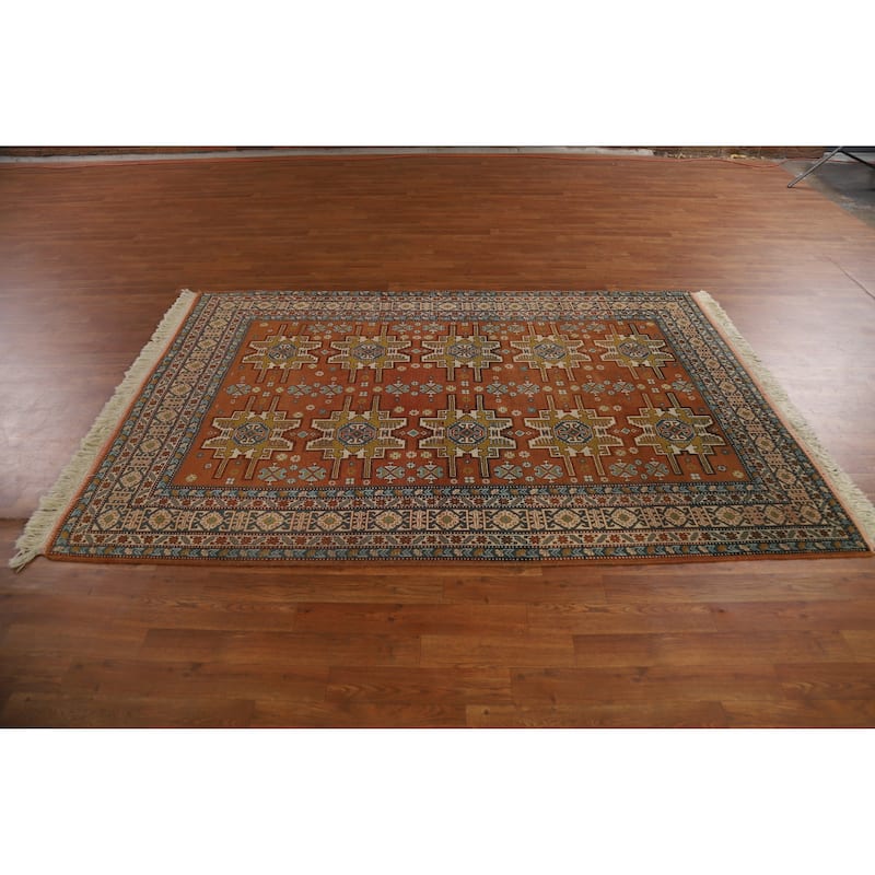 Hand Knotted Oriental 100% Wool Carpet Traditional Geometric Oranges & Rust Sumak Area Rug - 7' 6'' X 4' 10''