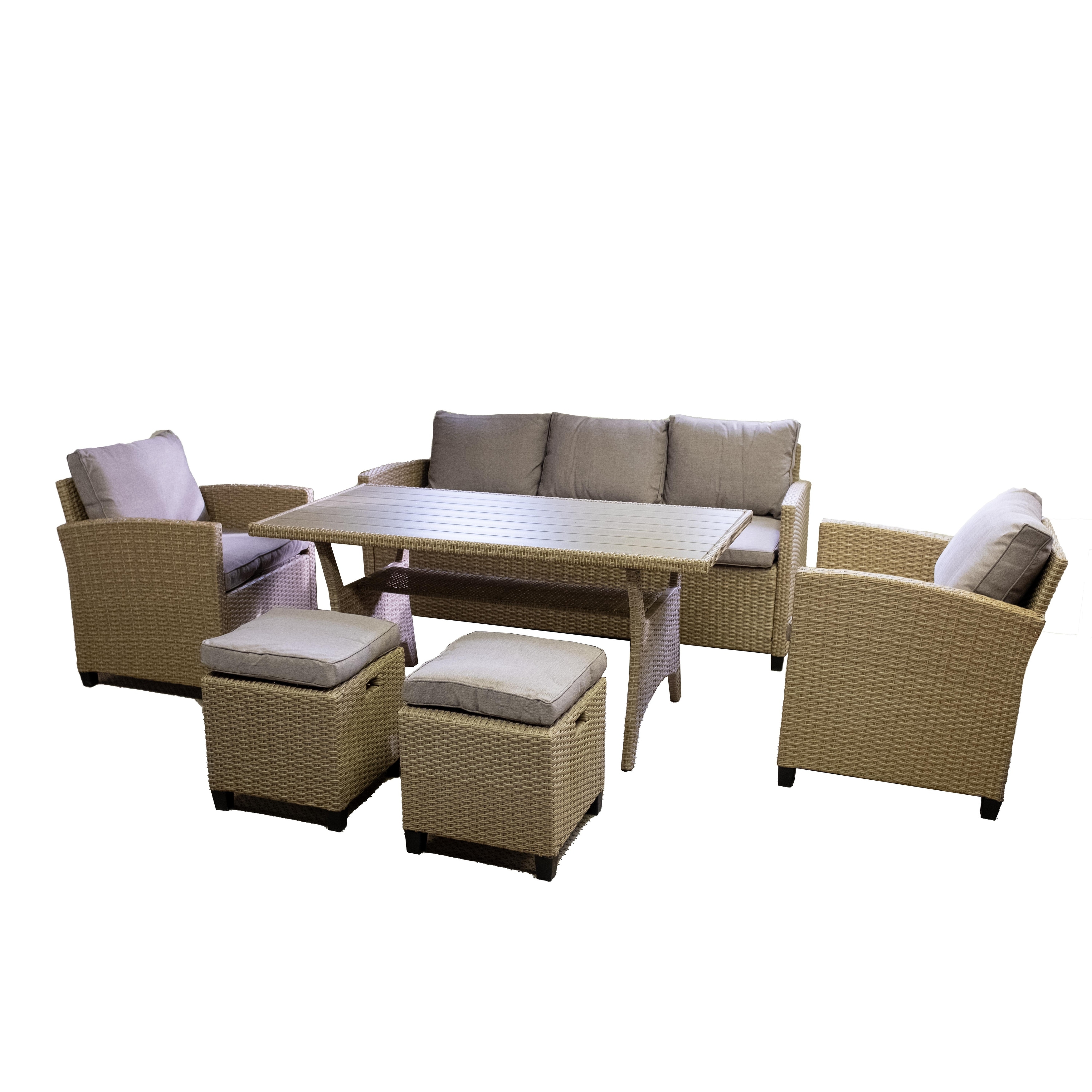 All Weather Patio Furniture Sofa Set with Rectangular Spacious Table Removable Cushions Hidden Ottoman Storage