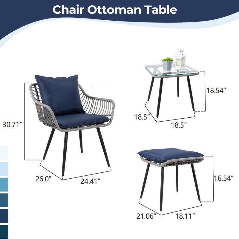 5-Piece Outdoor Wicker Bistro Chairs Set with 2 Armchair, 2 Ottoman, and Glass Coffee Table