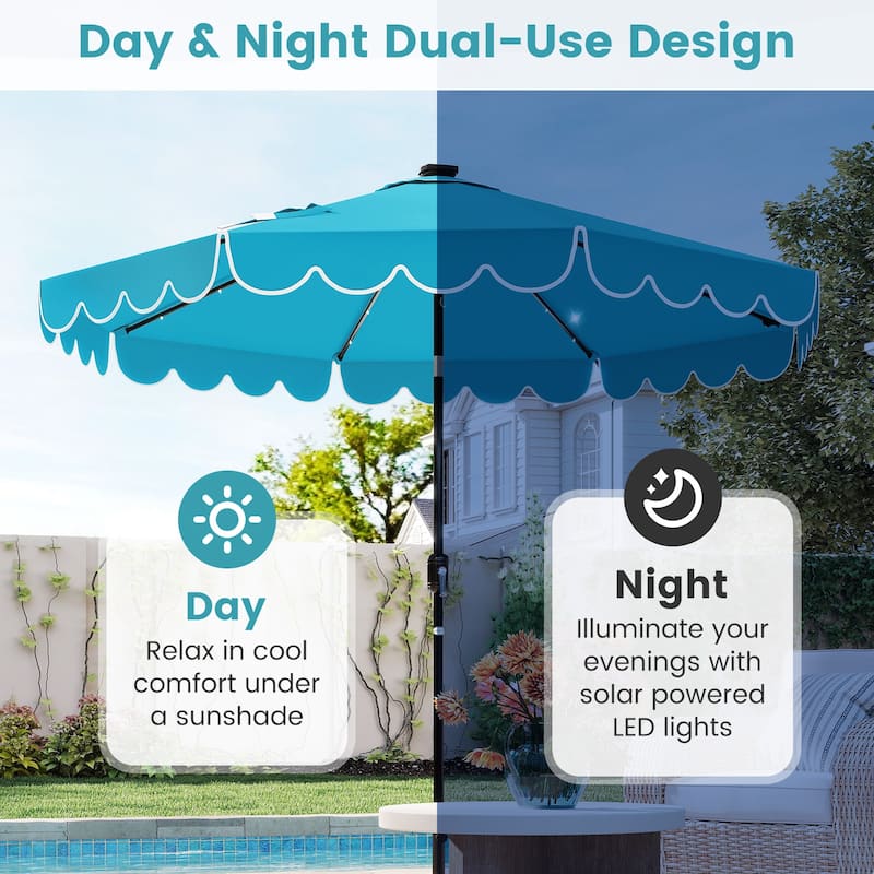 9.3 FT Outdoor Patio Polyester Umbrella with Solar LED Lights and Tilt Crank Metal Frame for Garden Deck
