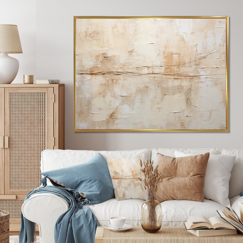 Designart "Beige And White Timeless Minimalism" Abstract Painting Framed Canvas Art Print - 32 in. wide x 24 in. high - Gold
