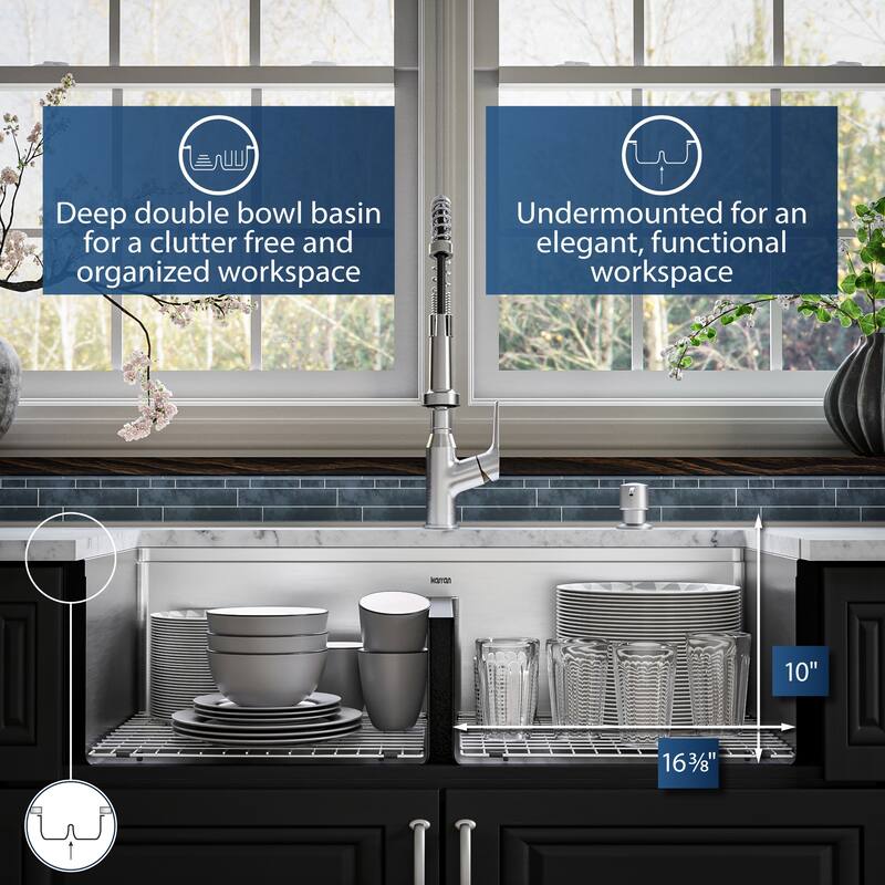 Karran Elite WSA-48-PK1 Apron Front Farmhouse 36" Double Bowl Stainless Steel Workstation Sink