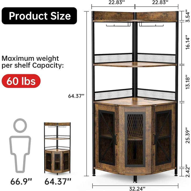 Corner Wine Cabinet, Tall Wine Bar Cabinet w LED Light & Adjustable Shelves