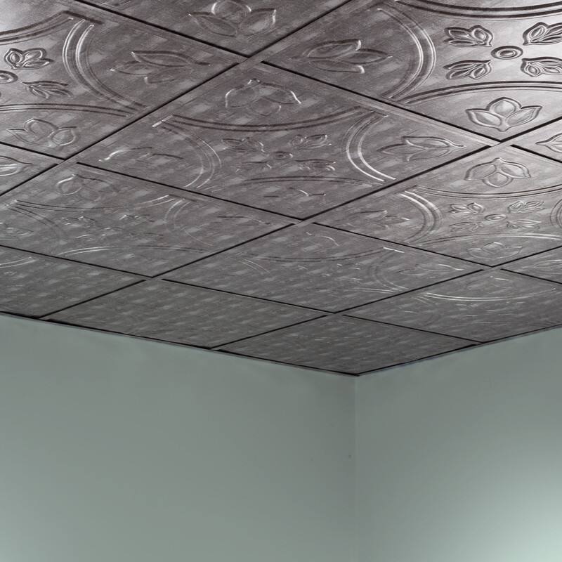 FASÄDE Traditional Style 5 Decorative Vinyl 2ft x 2ft Lay in Ceiling Panel in Crosshatch Silver (5 Pack)