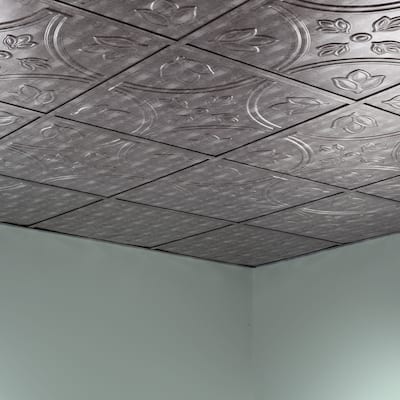 FASÄDE Traditional Style 5 Decorative Vinyl 2ft x 2ft Lay in Ceiling Panel in Crosshatch Silver (5 Pack)
