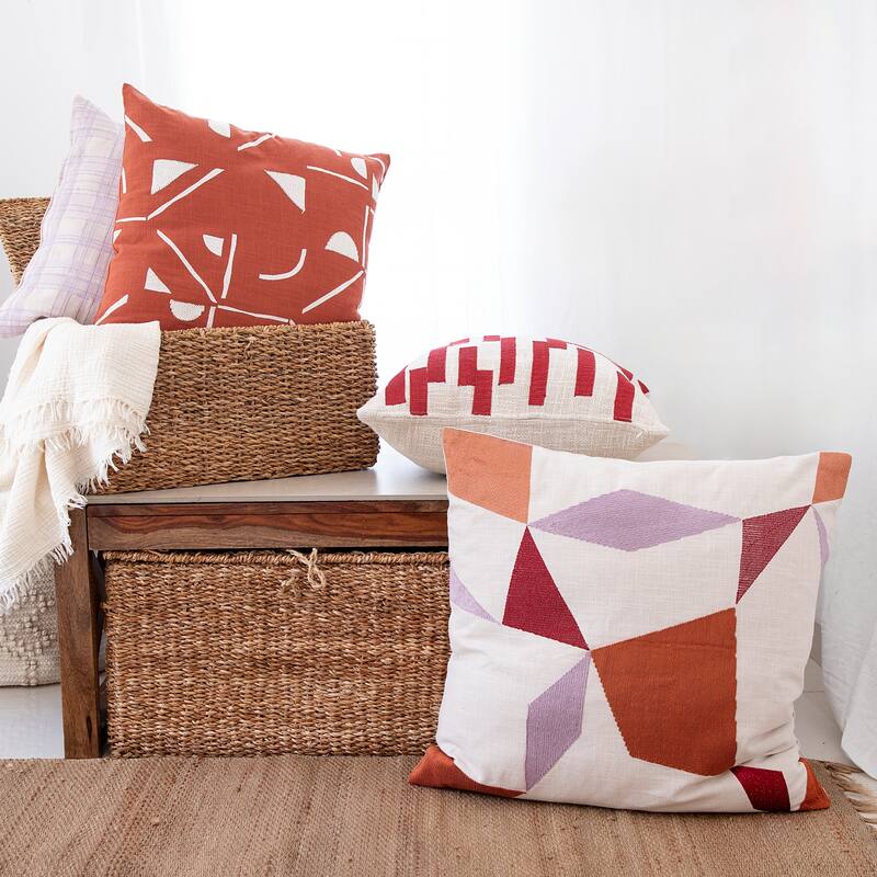 Handwoven Geometric Abstract Embroidered Square Throw Pillow - 24" - Red and Cream