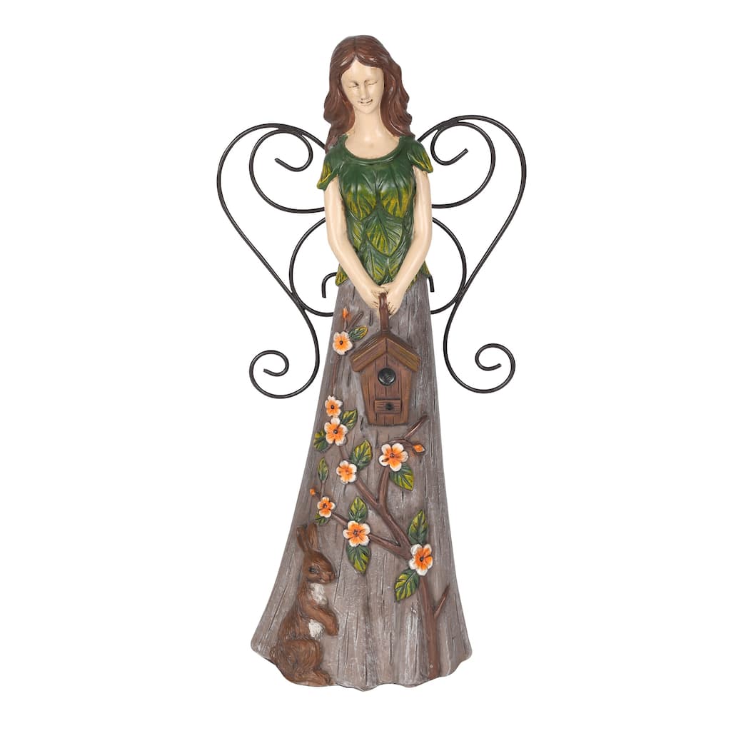 Floral Woodland Angel Holding Birdhouse Statuary Decor