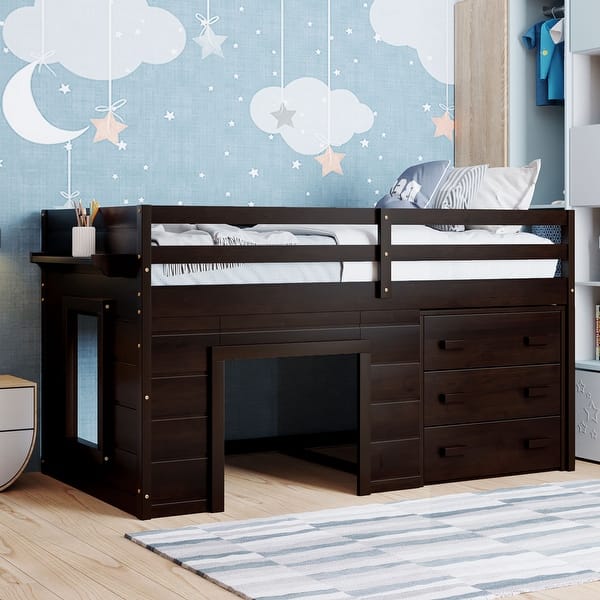 slide 2 of 9, Twin Size Loft Bed with Three Cabinets and Shelf Included Espresso