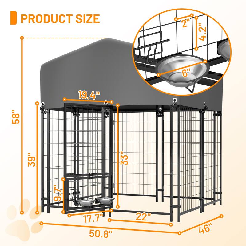 GDFStudio - Large Outdoor Heavy Duty Metal Dog Kennel with Roof, UV-Resistant Waterproof Cover, Double Lock & Rotating Feeder