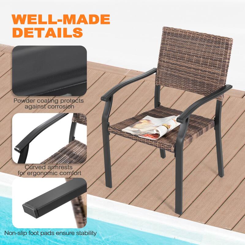 Outdoor Patio Iron Dining Chairs, All-Weather Wicker Material, Black