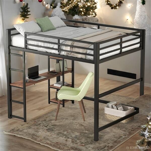 slide 2 of 12, Full Size Metal Loft Bed with Built-in Desk and Storage Shelves, BlackShort Title: Black