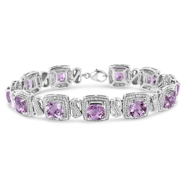 .925 Sterling Silver 7x7mm Cushion cut Gemstone and 1/10 Ctw Round Diamond Tennis Bracelet (I-J, I1-I2) 7"- Choice of Gemstone. Opens flyout.