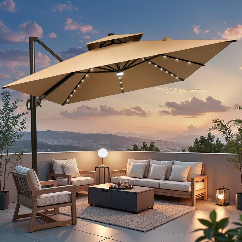 10 X 13 FT Outdoor Patio Cantilever Umbrella with Solar Lights Double Canopy 360 RotationTilt - Tan