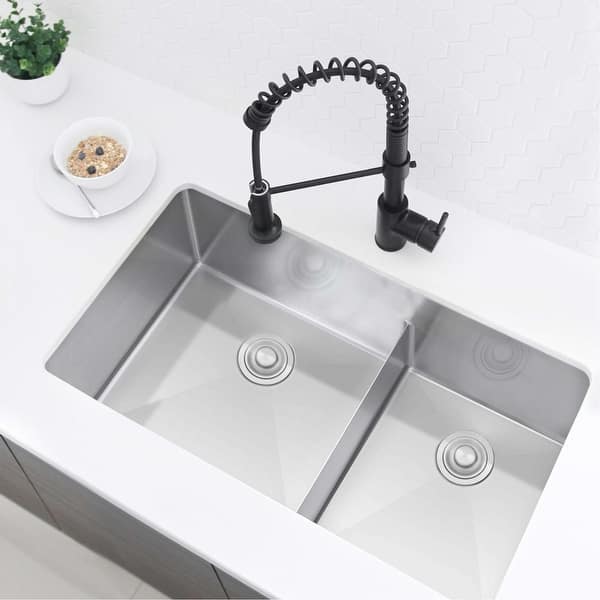 slide 2 of 23, STYLISH 32 inch Stainless Steel 16G Double Bowl Low Divider Undermount Sink - Brushed Stainless Steel - 32" x 18" x 10" Brushed Stainless Steel