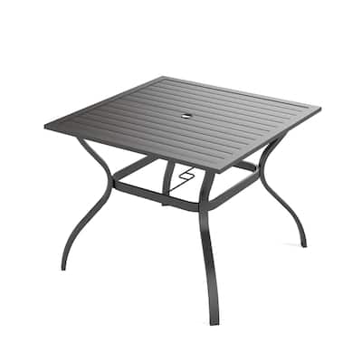 37" Square Metal Patio Table - Steel Slat Outdoor Dining Table w/ 1.57" Umbrella Hole - Black Garden & Backyard Furniture for 4