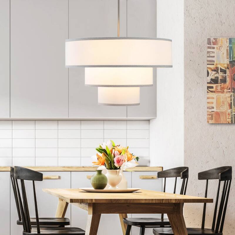 Modern Chandelier 24" 5-Light Nickel Tiered Drum Linen Shade