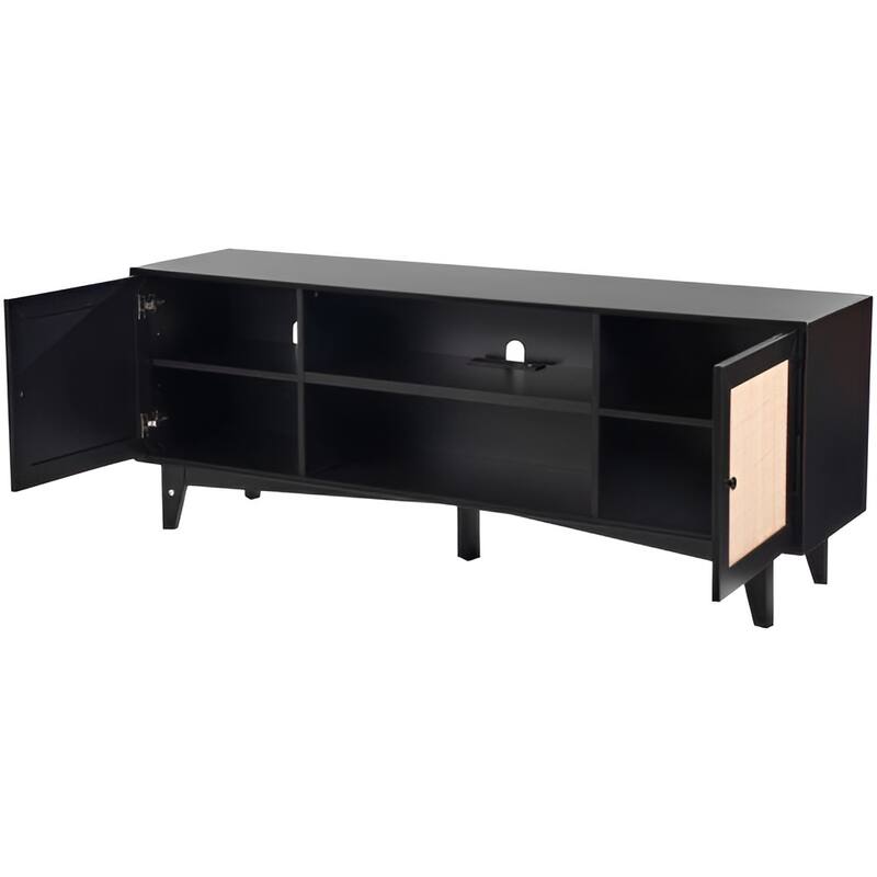 Rattan TV Stand for 75 Inch TV Mid Century Modern Cabinet with Storage - 17.4x17.4x13.8in