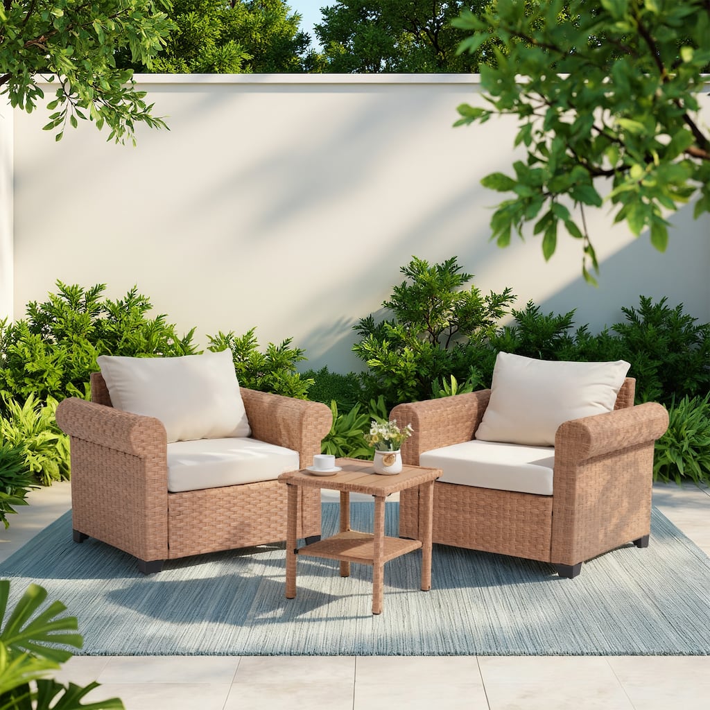 Outdoor Wicker Patio Conversation Set with 2 Armchairs & Side Table