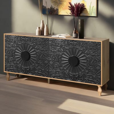 Lily Carved Flower Door Large Storage Sideboard Cabinet with Shelves by GDFStudio