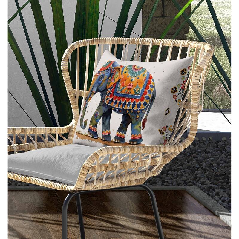 Decorated Elephant Indoor/Outdoor Reversible Throw Pillow Beige and Blue