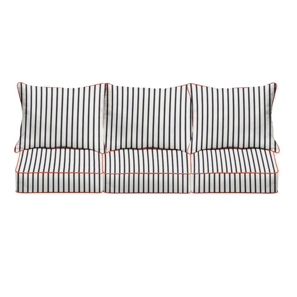 Blue White Stripe with Melon Pillow Indoor/Outdoor Corded Sofa Set - 25 in x 69 in x 27 in