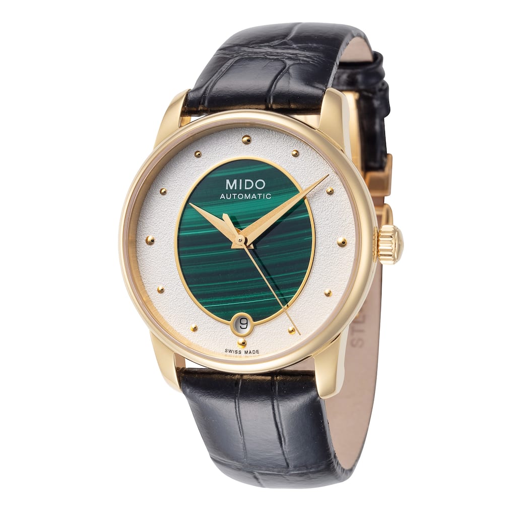 Mido Women's Baroncelli 33mm Green Dial Leather Automatic Watch - Black - One Size