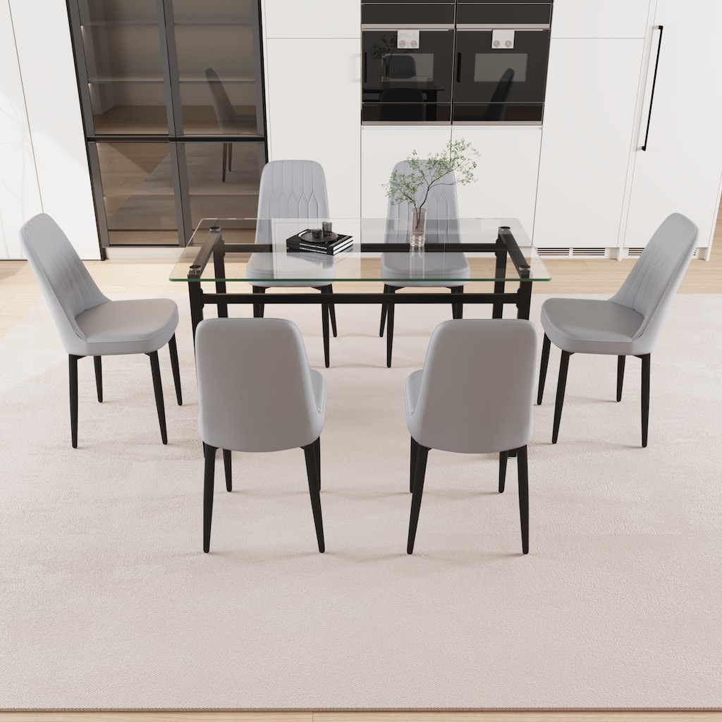 Modern Style Dining Set with Rectangular Tempered Glass Table and PU Upholstered Dining Chairs