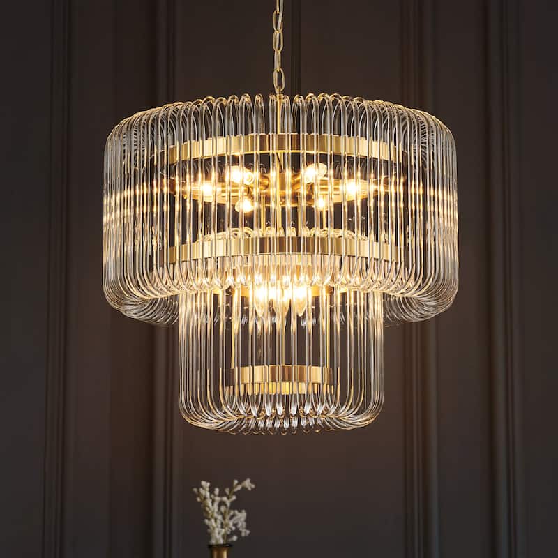 9-Light Modern Glam Drum Crystal Chandelier for Dining Room/Living Room 2-Tiered Round Chandelier Kitchen Island Pendant Light