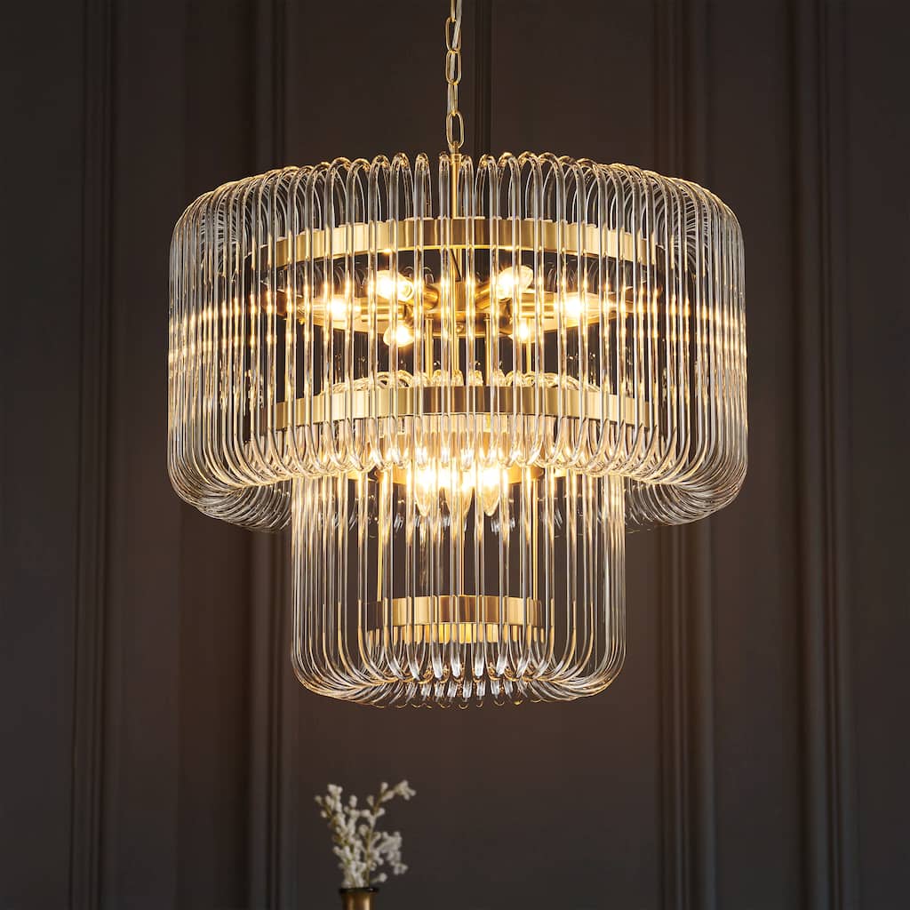 9-Light Modern Glam Drum Crystal Chandelier for Dining Room/Living Room 2-Tiered Round Chandelier Kitchen Island Pendant Light